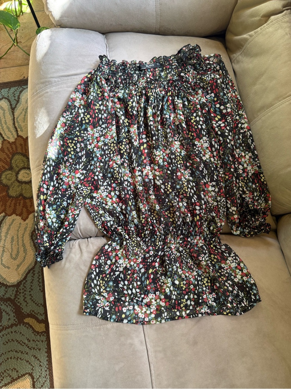 Romy Y2K Black Floral Smocked Off-Shoulder Blouse